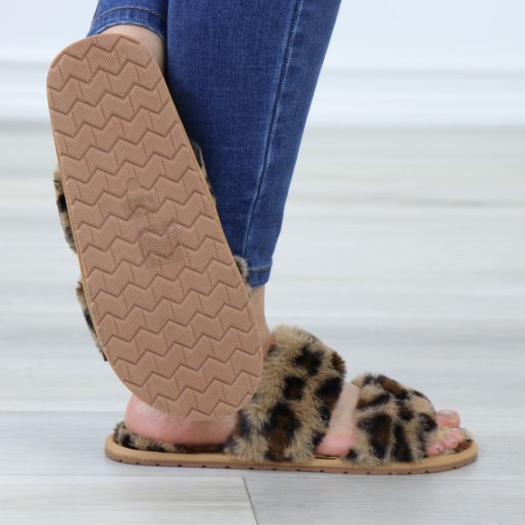 Leopard Tan Puff Fuzzy Fluffy Slip On Plush Slippers Double Strap - Picture 8 of 16
